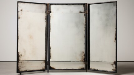 A tri-fold antique mirror, capturing its multipanel views, positioned elegantly on a neutral white platform.
