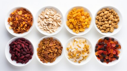 A variety of dry cereal flakes, capturing their individual characteristics, poured on a clear white plane.