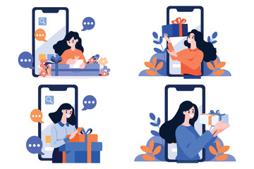 Fototapeta na wymiar Hand Drawn Female character holding a gift with smartphone in online shopping concept in flat style
