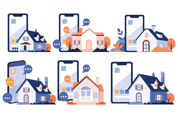 Hand Drawn House or shop with a smartphone in the concept of real estate online in flat style