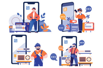 Hand Drawn Engineer or repairman character with smartphone in online repair concept in flat style