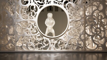 A Venetian wall mirror with intricate glass cutouts and patterns, showcased prominently on a radiant white stage.