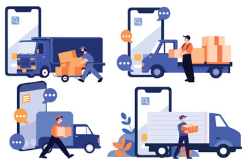 Fototapeta na wymiar Hand Drawn Delivery man character with truck In the concept of online delivery in flat style