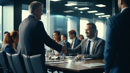 Business people shaking hands after finishing a meeting or negotiation. Business people shaking hands at meeting table Business deal and partnership concepts - obrazy, fototapety, plakaty