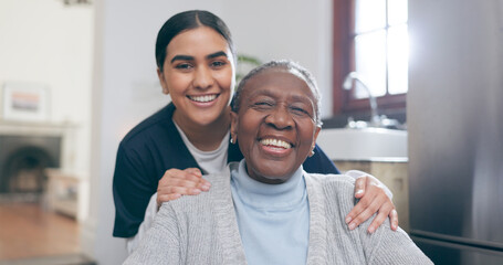 Smile, healthcare and portrait of nurse with patient in a wheelchair for discussion at nursing...