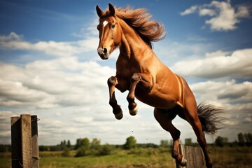 Brown horse jumping over a barrier