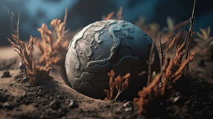 A blue globe is placed in a cracked earth. - obrazy, fototapety, plakaty