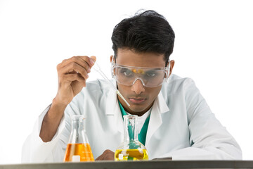 Male scientific researcher working. Isolated on white