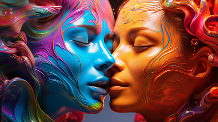 Loving lesbian couple kissing embraces passionately enveloped in vibrant multicolored viscous liquid represents their individuality, example of LGBT love is vivid expression of passion and sensuality - obrazy, fototapety, plakaty