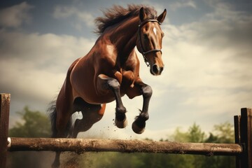 Brown horse jumping over a barrier - obrazy, fototapety, plakaty