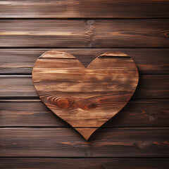 Wooden heart on rustic wooden background, ai technology