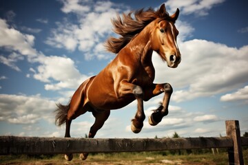 Brown horse jumping over a barrier