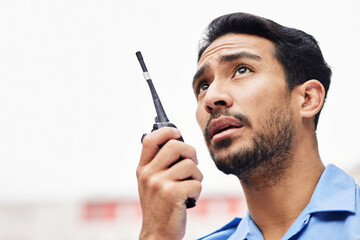 Walkie talkie, man and face of security guard for safety, backup support and mockup space. Asian...