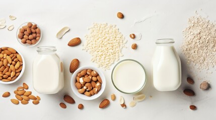 Food and drink, health care, diet and nutrition concept. Assortment of organic vegan non dairy milk...