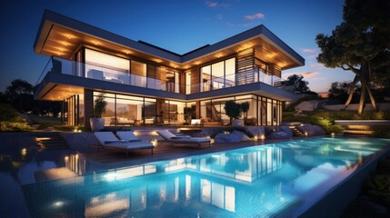Fototapeta na wymiar Luxurious modern house with swimming pool and backyard