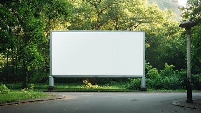 blank billboard on the sideway in the park. image for copy space, advertisement, text and object. white billboard in natural green.