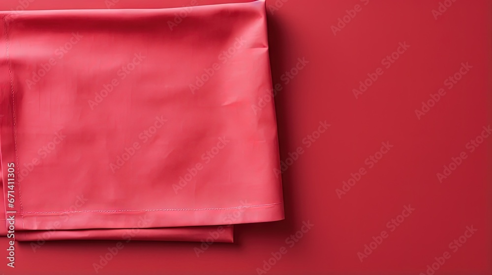 Aufkleber top view with red empty kitchen napkin isolated on table background. folded cloth for mockup with co