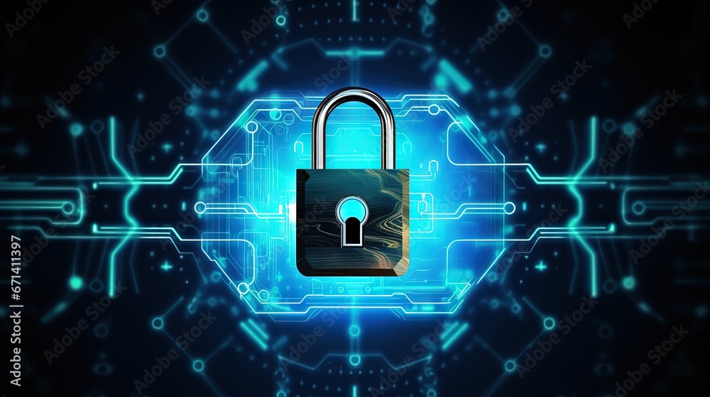 Poster Abstract technology cyber security privacy world protect information network concept padlock protection digital network internet link on hi tech blue future background