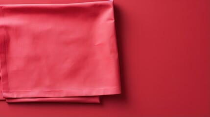 top view with red empty kitchen napkin isolated on table background. Folded cloth for mockup with copy space, Flat lay. Minimal style.