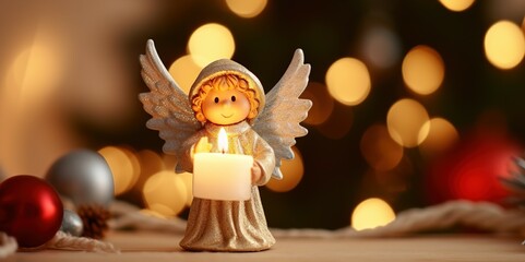 Close-up of an angel or little angel holding a candle praying for Christmas peace decorated with a ball against a bokeh backdrop.