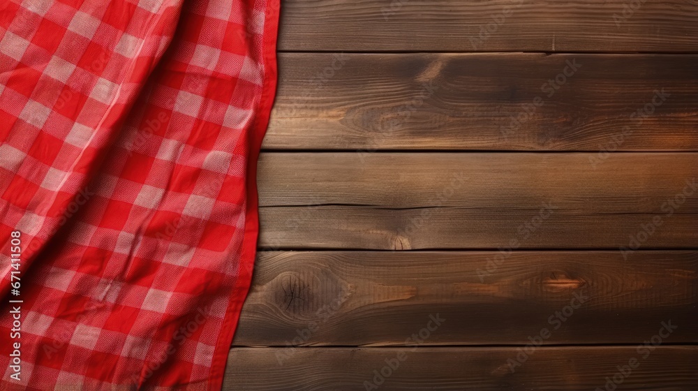 Poster red picnic cloth on wooden background.napkin tablecloth on old wood with empty space for text.