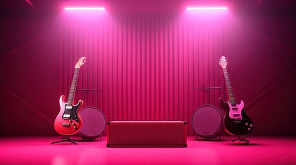 Concert stage with guitar, microphone and speakers on dark pink background in viva magenta colors. Minimalism concept. Music application Concept.3D render. - obrazy, fototapety, plakaty