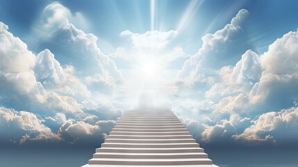 Stairs in sky. Concept with staircase, sun, white clouds and blue background - obrazy, fototapety, plakaty