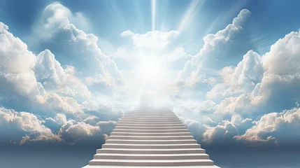 Fotobehang Stairs in sky. Concept with staircase, sun, white clouds and blue background © HN Works