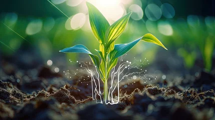 Fotobehang Maize seedling in cultivated agricultural field with graphic concepts modern agricultural technology, digital farm, smart farming innovation, IOT © HN Works