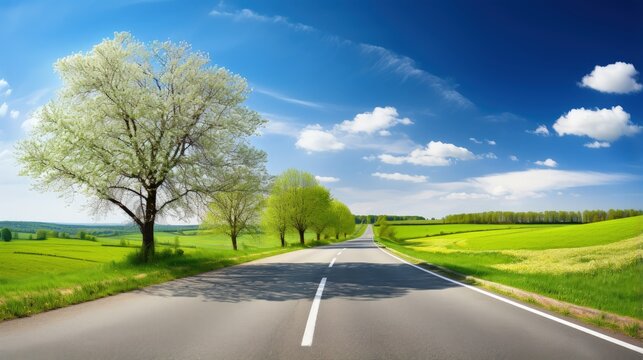 asphalt road panorama in countryside on sunny spring day