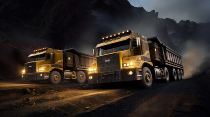 Spot color trucks, two large yellow truck used in a modern coal mine in Queensland, Australia. Trucks transport coal from open cast mine. Fossil fuel industry, Environmental challenge. Logos removed. - obrazy, fototapety, plakaty