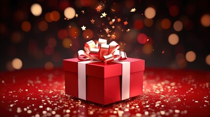 Open Christmas magic gift box on red background. 3d rendering