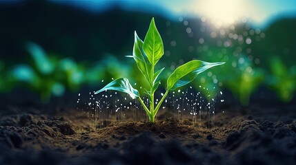 Maize seedling in cultivated agricultural field with graphic concepts modern agricultural technology, digital farm, smart farming innovation, IOT - obrazy, fototapety, plakaty