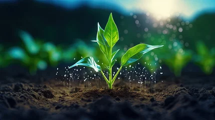 Tapeten Maize seedling in cultivated agricultural field with graphic concepts modern agricultural technology, digital farm, smart farming innovation, IOT © HN Works