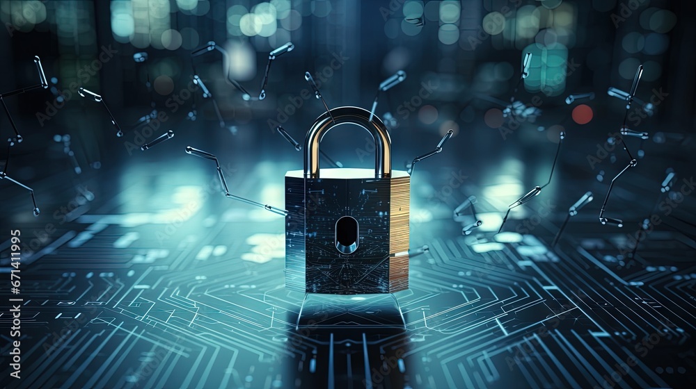 Poster Protect user privacy network and private data access with padlock icon. Cyber security concept.