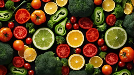 Colorful food pattern made of broccoli, orange, red pepper, onion, tomatoes and lime. Flat lay.