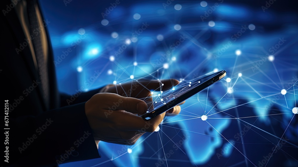 Poster Businessman touching on mobile phone and global structure networking and data exchanges connection, Digital marketing, Social Media, internet network connection, business and digital technology.