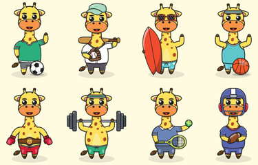 Set of Giraffe wearing uniform and using sports equipment. Funny animals doing exercis. Cute cartoon character vector set isolated on a white background. Cartoon animal sport. Giraffe cartoon. 