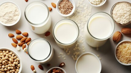 Food and drink, health care, diet and nutrition concept. Assortment of organic vegan non dairy milk from nuts, oatmeal, rice, soy in glasses on a kitchen table. Copy space top view flat lay background