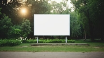 blank billboard on the sideway in the park. image for copy space, advertisement, text and object. white billboard in natural green. - obrazy, fototapety, plakaty