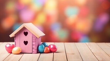 Accessories of decorations valentine's day holiday background concept.Essential items colorful pastel love shape with wooden house on modern rustic brown wooden.Copy space for creative design text. - obrazy, fototapety, plakaty