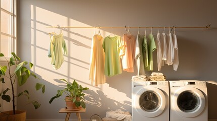 Clean laundry hanging on drying rack indoors