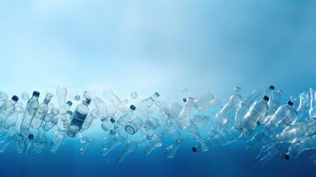 Used crushed pet plastic bottles on blue background, recycling and environment concept copy space