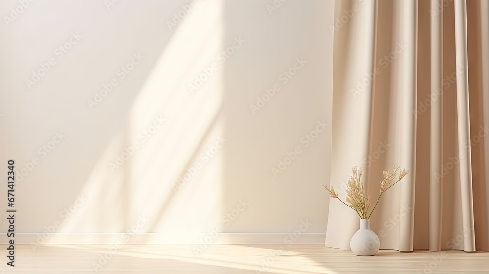 Poster Minimalistic abstract gentle light beige background for product presentation with light and shadow of window curtains on wall.