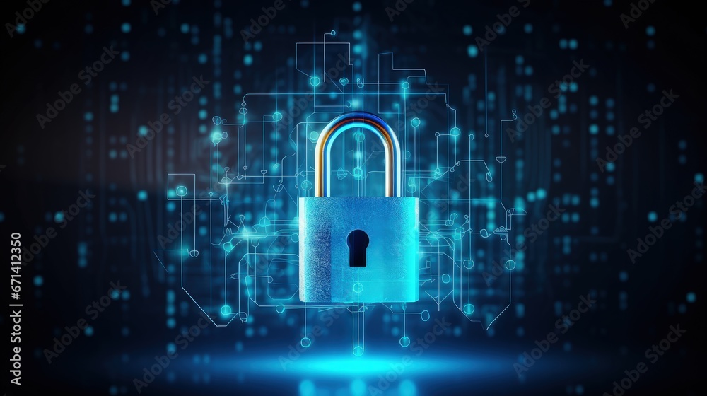 Poster Abstract technology cyber security privacy world protect information network concept padlock protection digital network internet link on hi tech blue future background