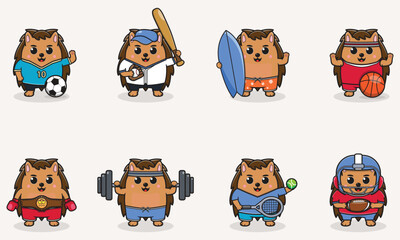 Set of Hedgehog wearing uniform and using sports equipment. Funny animals doing exercis. Cute cartoon character vector set isolated on a white background. Cartoon animal sport. Hedgehog cartoon. 