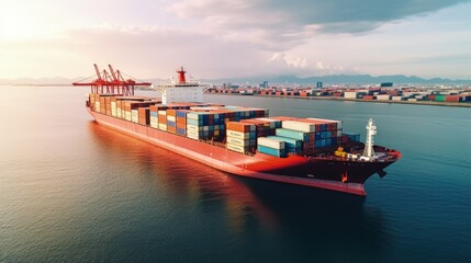 Obraz premium Container ship in import export and business logistic, By crane,Trade Port, Shipping cargo to harbor, Aerial view from drone, International transportation, Business logistics concept