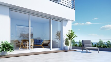 Window roller illustration - modern house with terrace, 3D illustration - obrazy, fototapety, plakaty