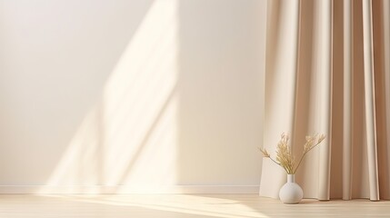 Minimalistic abstract gentle light beige background for product presentation with light and shadow of window curtains on wall.