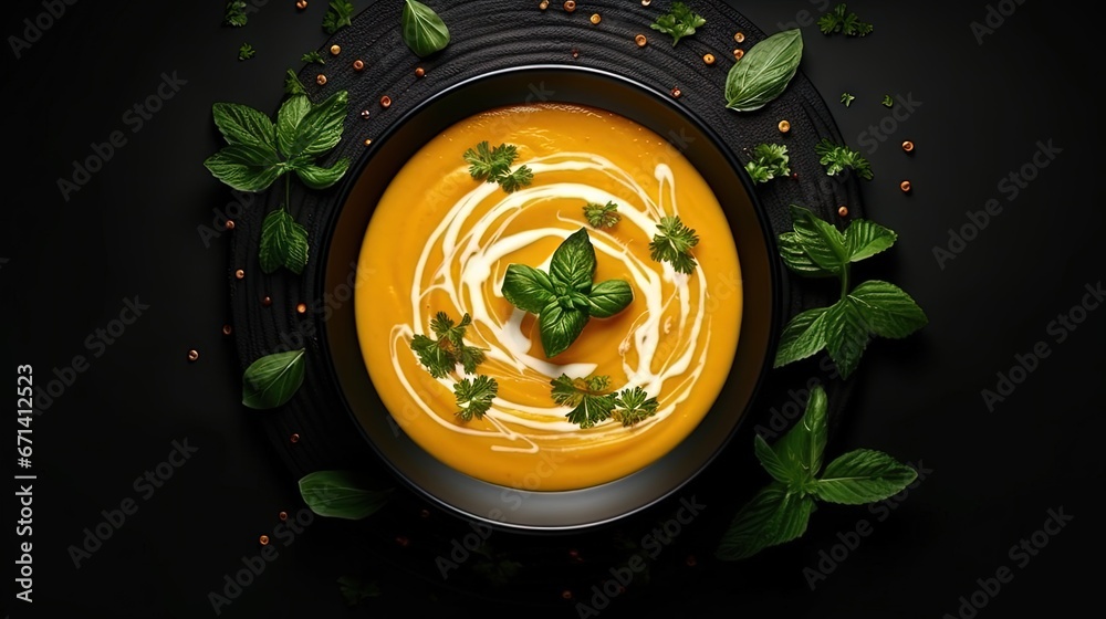 Poster pumpkin and carrot soup with cream and basil in black plate over dark background top view copy space